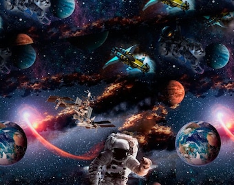 Tejido de felpa francesa para verano Meterware Space Astronaut Galaxy Planets 165 cm de ancho