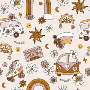 May include: A seamless pattern featuring a variety of retro 70s style illustrations, including a groovy van, a cassette tape, a rainbow, a sun, a flower, a peace sign, a roller skate, and the text "Groovy Babe".