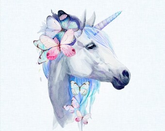 Fabric Panele Sweat French Terry Summer Sweat Unicorn and Butterfly Watercolor 55 x 70 cm