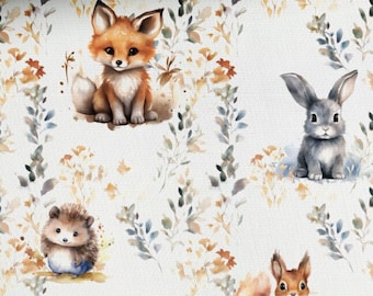 Pre-order! Fabric Jersey Cotton Jersey Cute Forest Animals Fox Rabbit Hedgehog Squirrel 160 cm wide