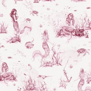 Cotton Cotton Fabric Poplin Sea Animals Mermaid Turtle Shells Red from 50 cm
