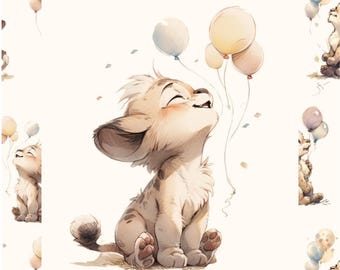Fabric panel, French terry, summer sweat, cute lion with balloon, 40x50 and 55x70+, optionally with coordinating fabrics and ribbing
