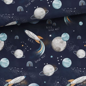 Précommandez ! Tissu coton au mètre patchwork univers terre fusée étoiles planètes bleu-gris bleu denim 155 cm de large + tissu combiné en option