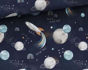 Pre-order! Cotton fabric by the meter, patchwork, space, earth, rocket, stars, planets, blue-grey, denim blue, 155 cm wide + optional combination fabric