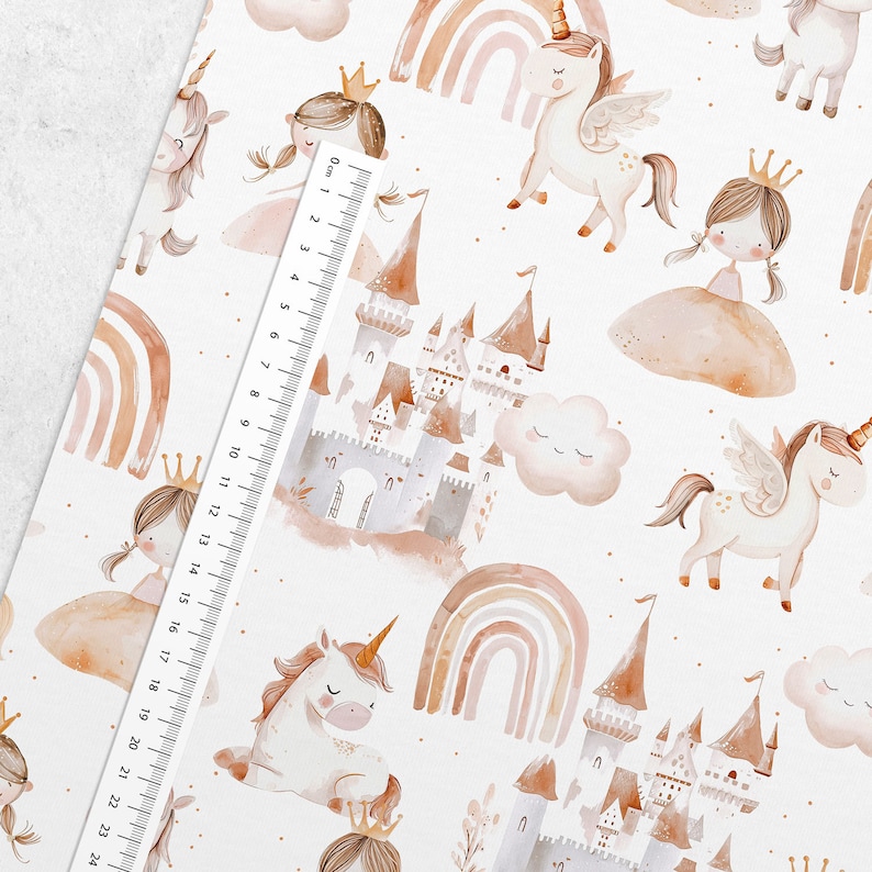 May include: A seamless pattern featuring a whimsical unicorn, a princess, a castle, and a rainbow. The design is in a watercolor style with soft pink, brown, and gold tones on a white background.