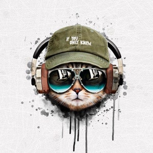 Fabric Panels Sweat French Terry Summer Sweat cool Cat with Headphones on Light Grey
