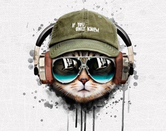 Vorbestellung! Stoff Panele Sweat French Terry Sommersweat cool Cat mit Kopfhörer auf Hellgrau 40 x 50cm