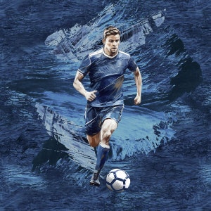 May include: A soccer player in a blue jersey and shorts runs with the ball on a blue and white abstract background.