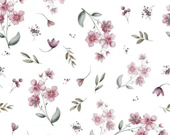 May include: A seamless pattern featuring delicate pink flowers, buds, and green leaves on a white background. The floral design includes clusters of small, round berries and slender, brown stems, creating a soft, watercolor effect.