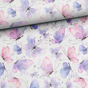 Fabric cotton by the meter delicate butterflies pink purple watercolor 155 cm wide