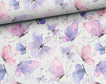 Tissu coton vendu au mètre délicats papillons rose violet aquarelle 155 cm de large