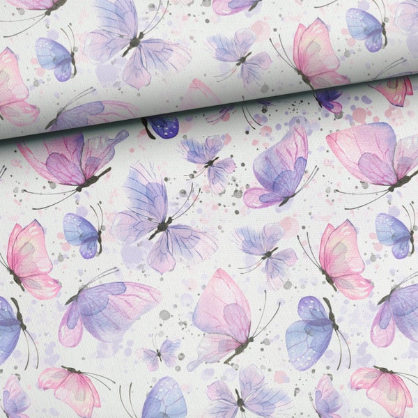 Tessuto di cotone venduto al metro delicate farfalle rosa viola acquerello larghe 155 cm