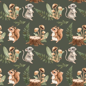 May include: A repeating watercolour pattern featuring woodland animals and plants. The design includes grey mice, brown squirrels, mushrooms, tree stumps, and ferns on a dark green background. The pattern creates a whimsical forest theme.