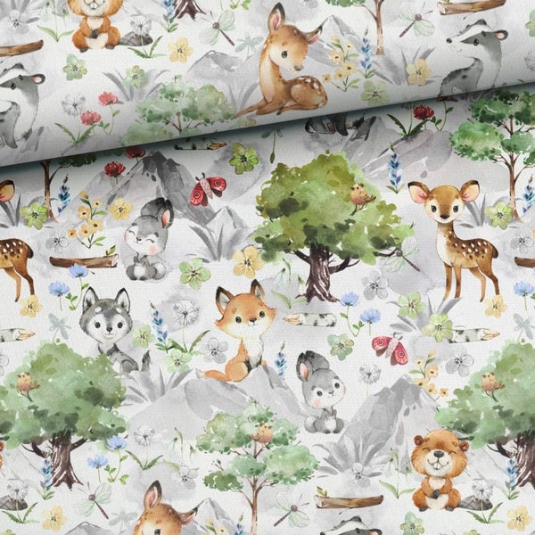 Fabric cotton sold by the meter baby animals forest animals spring animals fawn rabbit fox hedgehog flowers green 155 cm wide