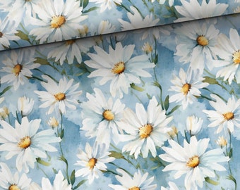 French terry sweatshirt fabric + floral fabric with daisies in blue and white + optionally with coordinating fabrics +
