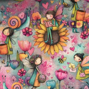 Könnte beinhalten: Eine skurrile Illustration mit Feen, Blumen und Herzen in einem lebendigen, farbenfrohen Design. Das Kunstwerk zeigt Feen mit Flügeln, Sonnenblumen, Schnecken und Bienen und schafft eine bezaubernde und bezaubernde Szene. Die Farbpalette wird von Rosa, Blau, Gelb und Grün dominiert.