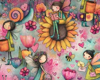 Cotton fabric, woven fabric, cute fairies in the garden, flower meadow, sunflowers, snail, from 50 cm