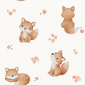 Tissu Coton Tissu en coton Animaux de la forêt mignons Renard Fleurs Fleurs florales 155 cm de large