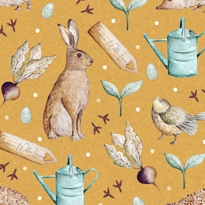 Fabric Premium Cotton Rabbit Hedgehog in Garden Vegetables Watering Can Ochre Yellow 155 cm wide