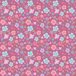 Pode incluir: Um padrão sem costura com uma variedade de flores rosa, azuis e roxas sobre um fundo rosa. As flores estão dispostas em um padrão aleatório e são cercadas por pequenas folhas verdes.