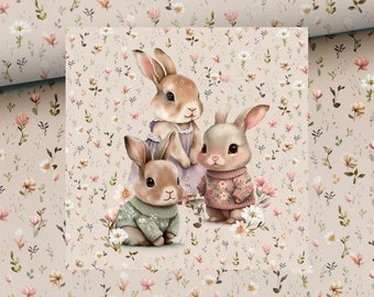 French terry sweatshirt fabric + panel with cute bunnies and floral print + optionally with coordinating fabrics +