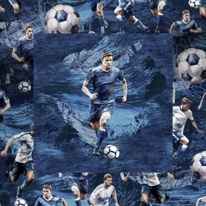 May include: A seamless pattern featuring a blue and white soccer player in a blue jersey and white shorts. The player is dribbling a soccer ball on a blue background with white brushstrokes. The pattern is repeated throughout the image.