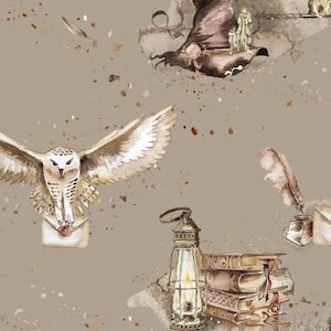 Könnte beinhalten: Eine braune und weiße Eule mit ausgebreiteten Flügeln fliegt über einen Stapel alter Bücher, eine Laterne und eine Federkiel mit einer Feder. Der Hintergrund ist hellbraun mit einem dezenten gesprenkelten Muster.