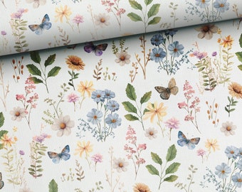 Cotton fabric, patchwork, flower meadow, butterfly, floral, vintage, country house, pastel, from 50 cm