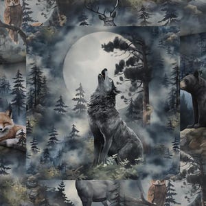 Könnte beinhalten: Ein sich wiederholendes Muster mit einem grauen Wolf, der einen Vollmond in einer Waldlandschaft anheult. Weitere Waldtiere, darunter ein Fuchs, ein Hirsch, ein Bär und eine Eule, sind ebenfalls abgebildet. Die Farbpalette ist hauptsächlich grau, schwarz und weiß.