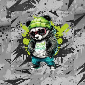 Könnte beinhalten: Illustration eines coolen Pandas mit grüner Mütze, Sonnenbrille, schwarzer Jacke und blauer Jeans. Der Panda steht vor einem grau-schwarzen Graffiti-Hintergrund. Auf dem Shirt des Pandas steht "Panda Monium."