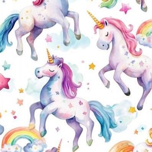 Könnte beinhalten: Aquarellillustration mit mehreren Einhörnern mit fließenden Mähnen und Schweifen in Rosa, Lila und Blau. Die Einhörner haben goldene Hörner und sind vor einem Hintergrund aus Wolken, Regenbogen und Sternen platziert.