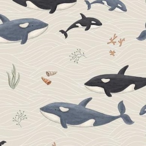 Fabric Premium Cotton Maritime Sea Creatures Whales Shells Fish Jellyfish Beige from 50 cm