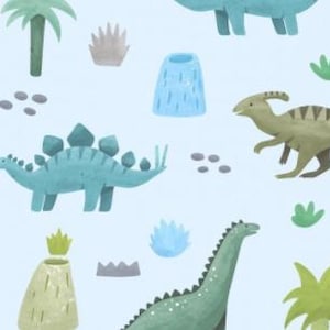 Tissu en coton dinosaure tyrannosaure sur bleu clair à partir de 50 cm