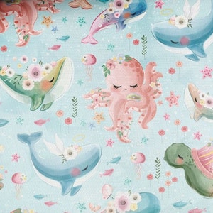 Fabric cotton by the meter underwater friends sea creatures whale turtle octopus 155 cm wide