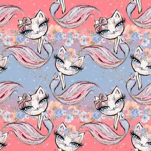 Premium cotton fabric sold by the meter Sweet Cat Cat Flowers Gradient Light Blue Pink