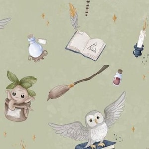 Pre-order! Fabric jersey cotton jersey magical school magic broom hat magic wizard owl green from 50 cm