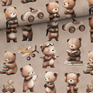 May include: A repeating pattern of watercolor teddy bears in various poses, including holding a star, reading a book, and wearing aviator goggles. The bears are brown with white bellies, set against a beige background with vertical lines, and include toy cars and airplanes.