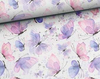 Fabric Jersey Cotton Jersey Butterflies Pink Blue Violet from 50 cm