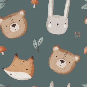 Tissu coton tissu en coton mignon animaux de la forêt visages renard lapin ours champignons gris vert 155 cm de large