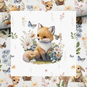 French terry sweatshirt fabric + panel with fox, woodland animals, and flowers, 40 x 50 cm + optionally with coordinating fabrics +