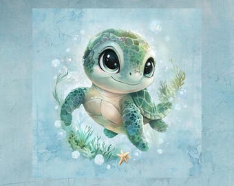 Choice of French terry sweatshirt fabric + panel with small turtle and fish in aqua + optionally with coordinating fabrics and ribbing +
