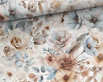 Fabric Jersey Cotton Jersey Floral Flowers Roses Blossoms Summer Flowers Vintage Country House Boho from 50 cm