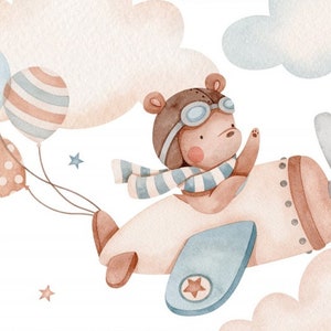 Panneaux en tissu coton premium 51 x 51 cm ours mignon dans le ballon avion