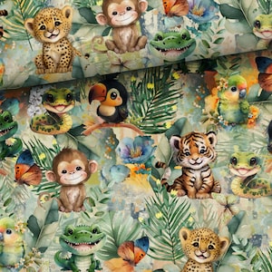 Fabric Sweat French Terry Summer Sweat Exotic Animals Children&#39;s Fabric Safari Africa Monkey Tiger Parrot