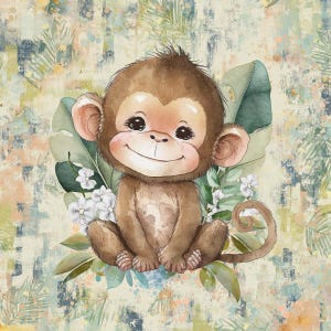 Könnte beinhalten: Eine Aquarellillustration eines braunen Affen mit großen Augen und einem lächelnden Ausdruck, der zwischen grünen tropischen Blättern und kleinen weißen Blumen sitzt. Der Hintergrund zeigt ein strukturiertes, abstraktes Muster in gedeckten Beige-, Blau- und Grüntönen.