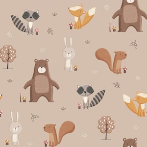 Tissu en coton d'adorables animaux de la forêt, écureuil, lapin, renard, ours sur beige, 155 cm de large