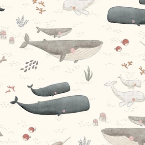 Pode incluir: Padrão repetitivo de baleias em aquarela em tons de cinza e branco, com bochechas rosadas, nadando entre corais, algas marinhas e águas-vivas em um fundo creme. Design náutico lúdico.