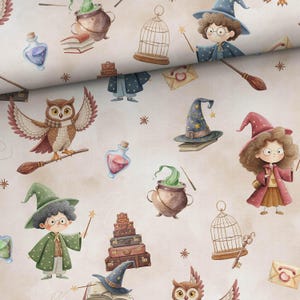 May include: A whimsical pattern featuring illustrations of wizards, owls, potion bottles, spell books, and witch hats. The design includes a variety of colors, such as brown, green, pink, and blue, creating a magical and enchanting theme.
