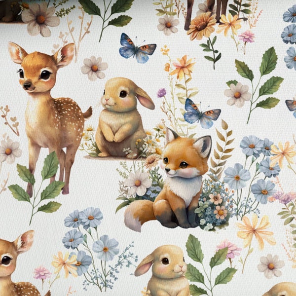 Fabric Sweat French Terry summer sweat cute forest animals animal children fawn rabbit fox 165 cm wide