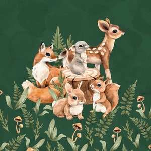 May include: A watercolour illustration of a fox, a deer, a squirrel, a rabbit, and a mouse on a green background with ferns and mushrooms. The animals are all gathered around a tree stump.